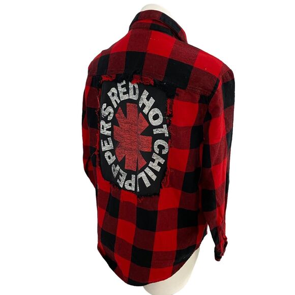 Upcycled Flannel Shirt Womens Medium Shacket Chili Peppers Red Country Grunge - Picture 8 of 16